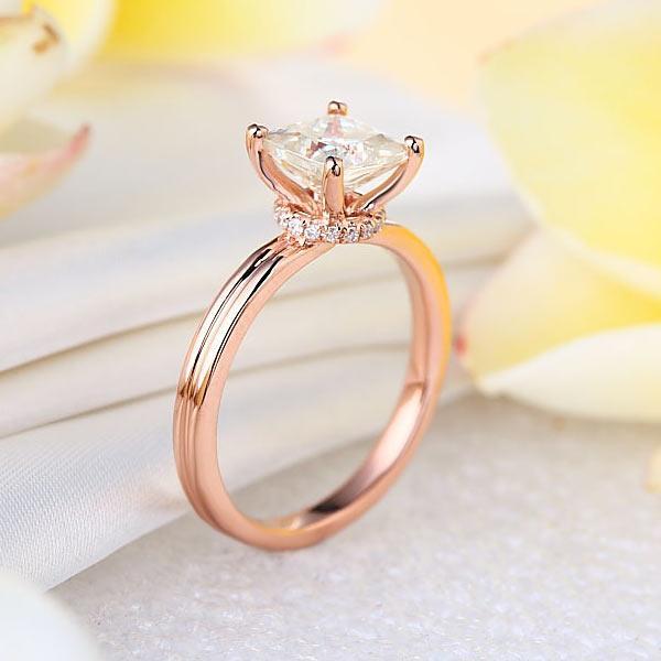 Princess Cut 14k Solid Rose Gold Ring with Moissanite Diamond Stone