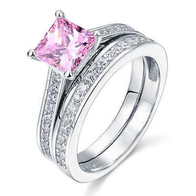 Princess Cut Sterling Silver "Covenant" Ring Set in Pink