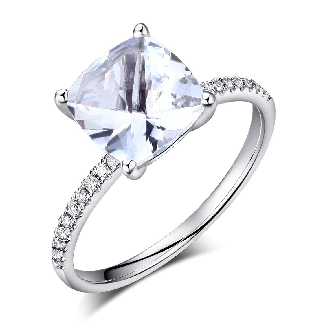 Cushion Cut 14k Solid White Gold with Topaz Stone Encrusted with Natural Diamonds