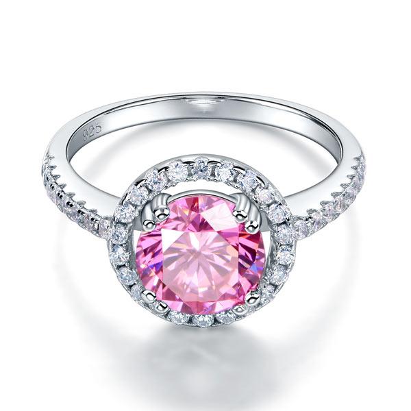 Round Cut Sterling Silver "Eve" Ring with Halo Setting in Pink