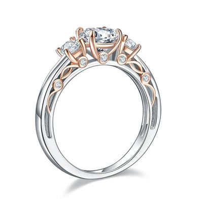 Three Stone Round Cut Sterling Silver "Countess" Ring in Two Tone Silver and Rose Gold