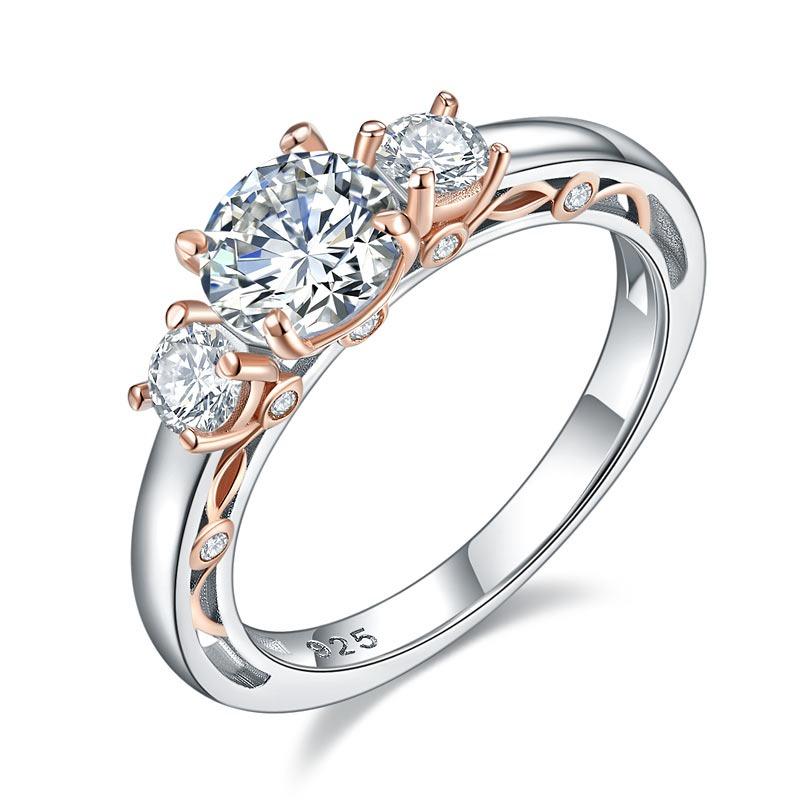 Three Stone Round Cut Sterling Silver "Countess" Ring in Two Tone Silver and Rose Gold